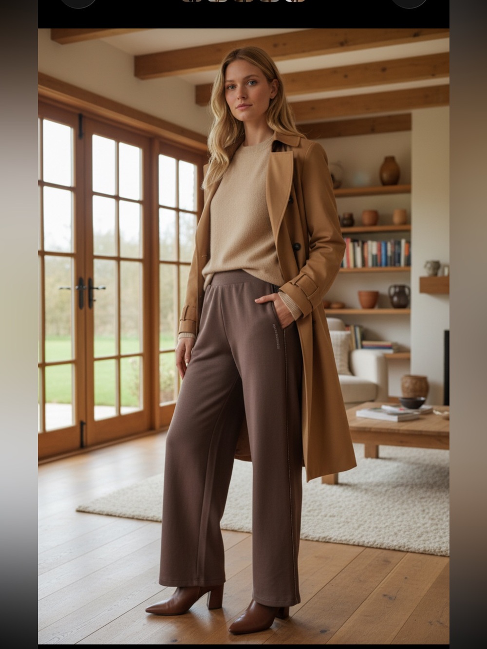 Tahari Brown Wide-Leg Fine Beading Trim Knit Pants SP Reg S